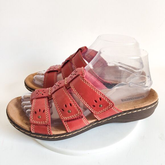 Clarks Sandals Size 7 Leisa Spring Slides Red Leather Slip On Comfort Flats - Picture 3 of 10